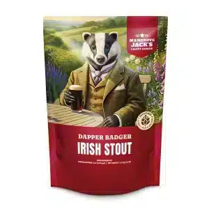 Product image of Mangrove Jack's Dapper Badger Irish Stout beer kit: a badger in a suit holding a glass at a wooden table, with a red package and garden background.