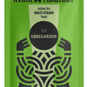 Green pouch labeled 'KVEIK YEASTERY' with 'Active Dry Multi-Strain Yeast' and 'K.9 EBBEGARDEN' on the front