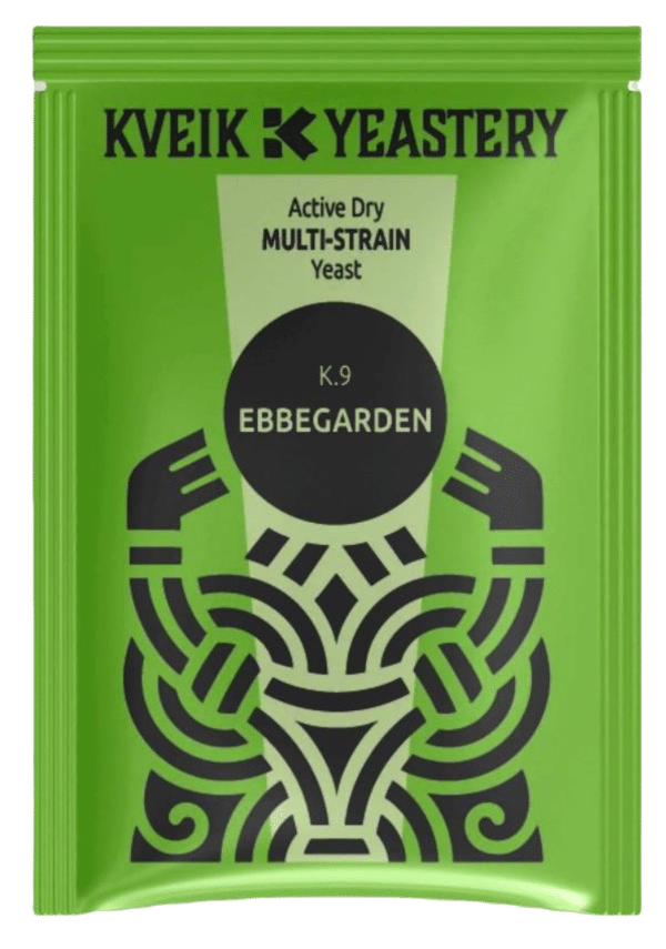 Green pouch labeled 'KVEIK YEASTERY' with 'Active Dry Multi-Strain Yeast' and 'K.9 EBBEGARDEN' on the front