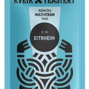 Turquoise box labeled 'KVEIK YEASTERY' with 'Active Dry MULTI-STRAIN Yeast' on the front, a black circular emblem, and a decorative patterned design behind it (brewing yeast product).