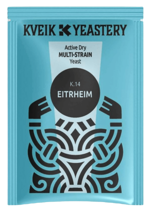 Turquoise box labeled 'KVEIK YEASTERY' with 'Active Dry MULTI-STRAIN Yeast' on the front, a black circular emblem, and a decorative patterned design behind it (brewing yeast product).