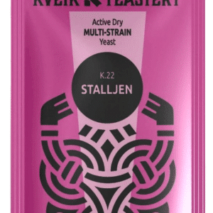 Pink packet labeled KVEIK YEASTERY with Active Dry MULTI-STRAIN Yeast and a black circular emblem in the center.