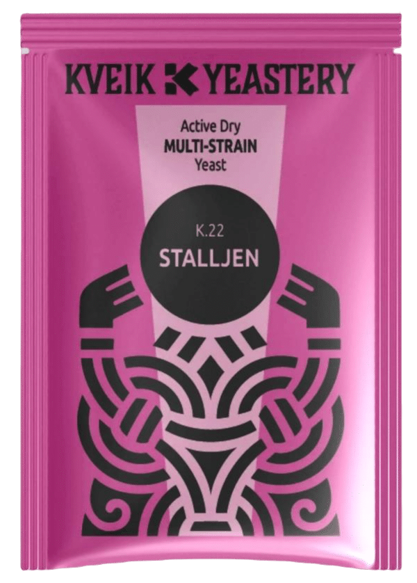 Pink packet labeled KVEIK YEASTERY with Active Dry MULTI-STRAIN Yeast and a black circular emblem in the center.