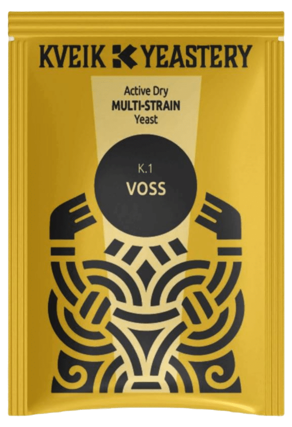 Golden pouch of KVEK Yeastery Active Dry Multi-Strain Yeast—K.1 VOSS brand label visible on amber packaging