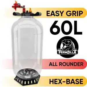 60L Fermzilla All Rounder with hex-base, top regulator, and an 'EASY GRIP' banner