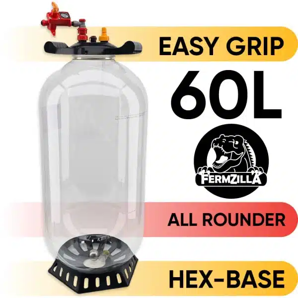 60L Fermzilla All Rounder with hex-base, top regulator, and an 'EASY GRIP' banner