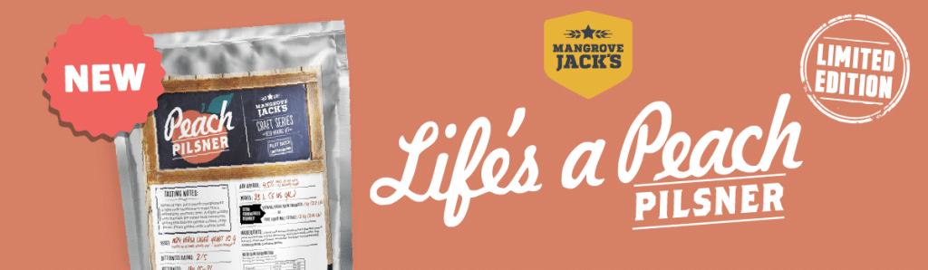 Mangrove Jacks Peach Pilsner Banner - The Malt Miller