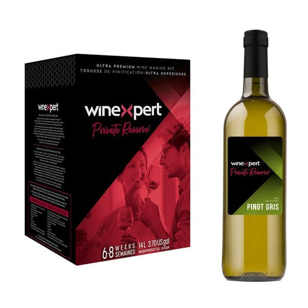 WineExpert Pinot Gris bottle beside an Ultra Premium wine‑making kit box labeled Pinot Gris.