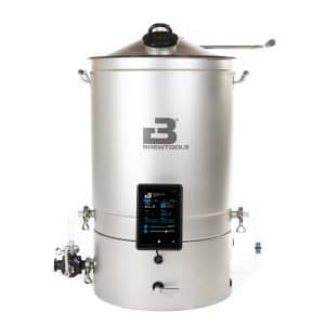 Stainless steel brewing kettle with a lid, top handle, and mounted digital control panel readout on the front.