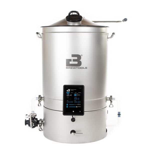 Stainless steel brewing kettle with a lid, top handle, and mounted digital control panel readout on the front.