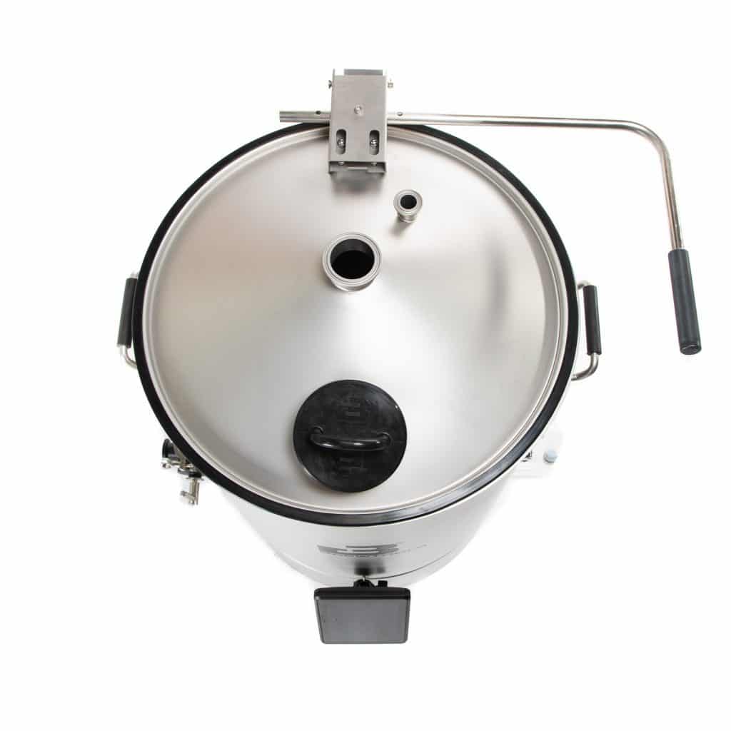 Top view of a stainless steel pressure cooker lid with black handles and vent valve against a white background