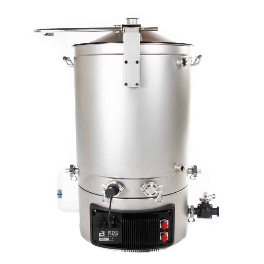 Industrial stainless steel cylindrical vessel with clamps and a control panel at the base, resembling lab or industrial processing equipment.