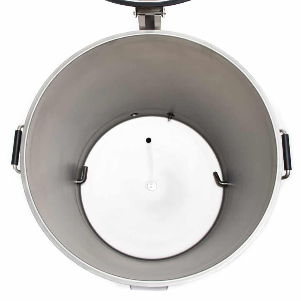 Close-up of a large metal circular frame with side handles and a central vertical rod, viewed from above that shows mounting hardware against a white background.