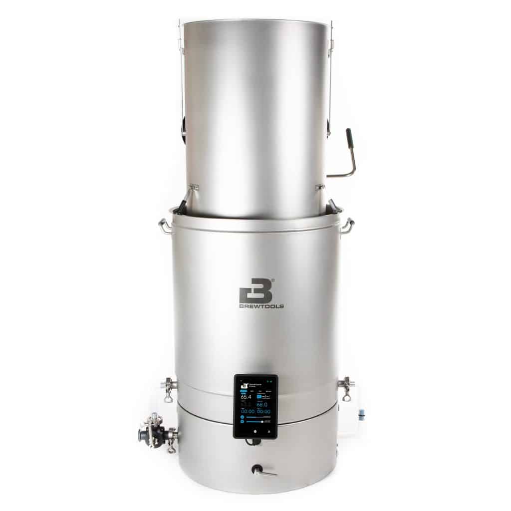 Tall stainless steel brewing kettle with front-mounted digital control screen.