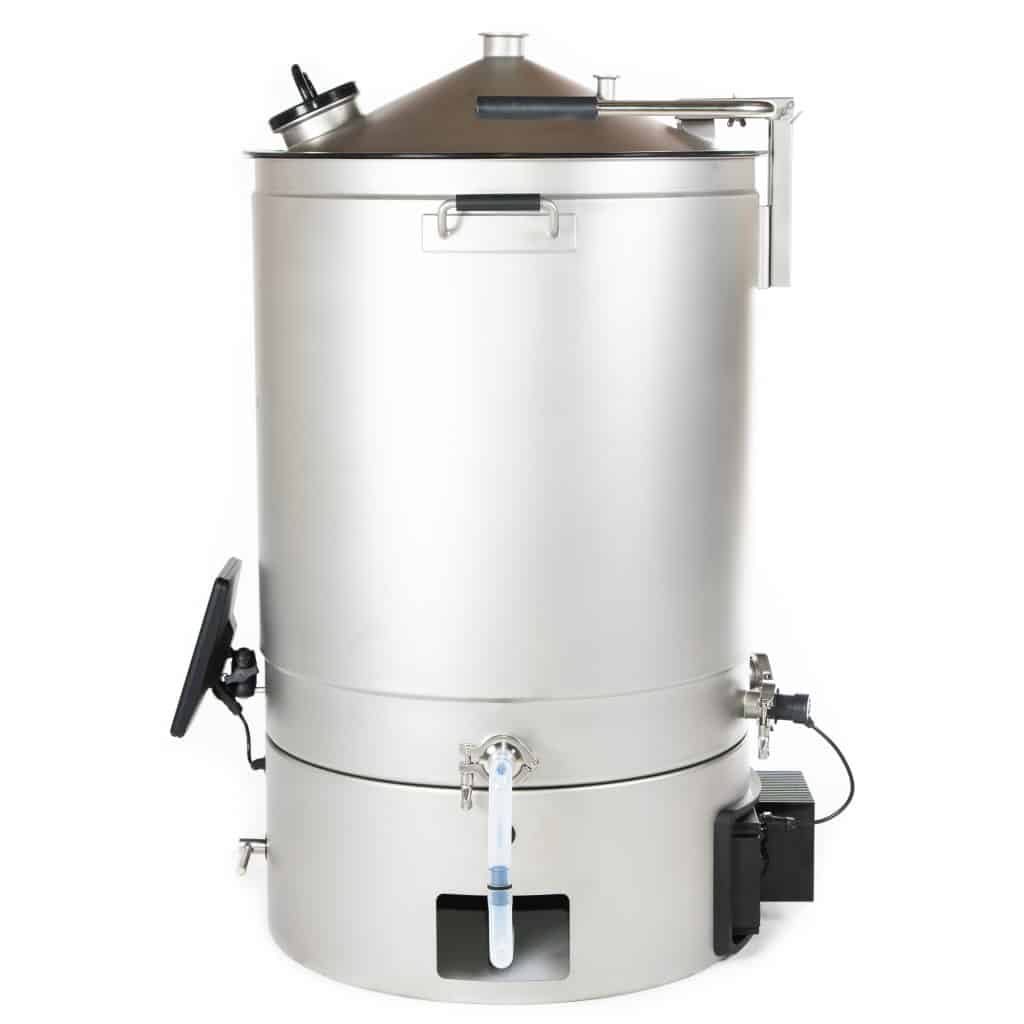 Industrial stainless steel distillation kettle with a conical top, clamps, and attached tubing and controls.