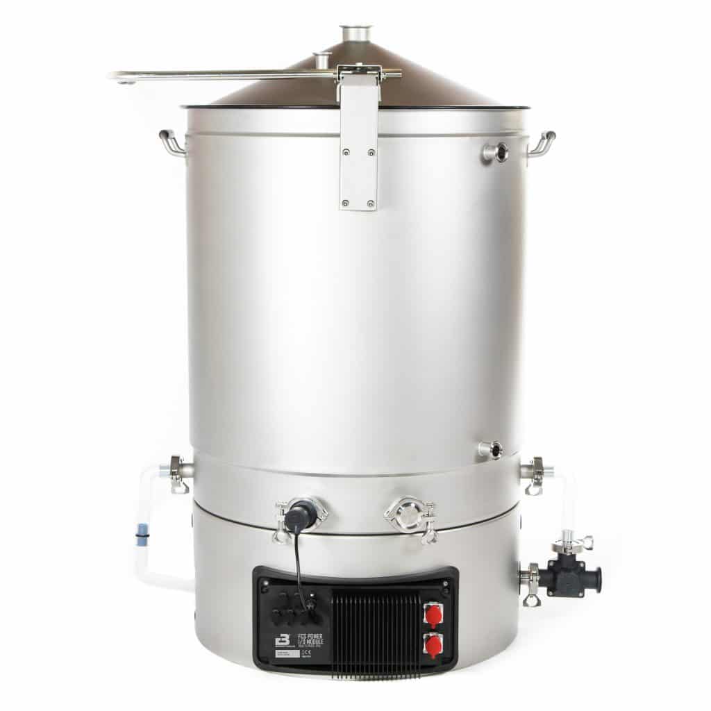 Stainless steel industrial pressure vessel with a control panel at the base and side fittings.