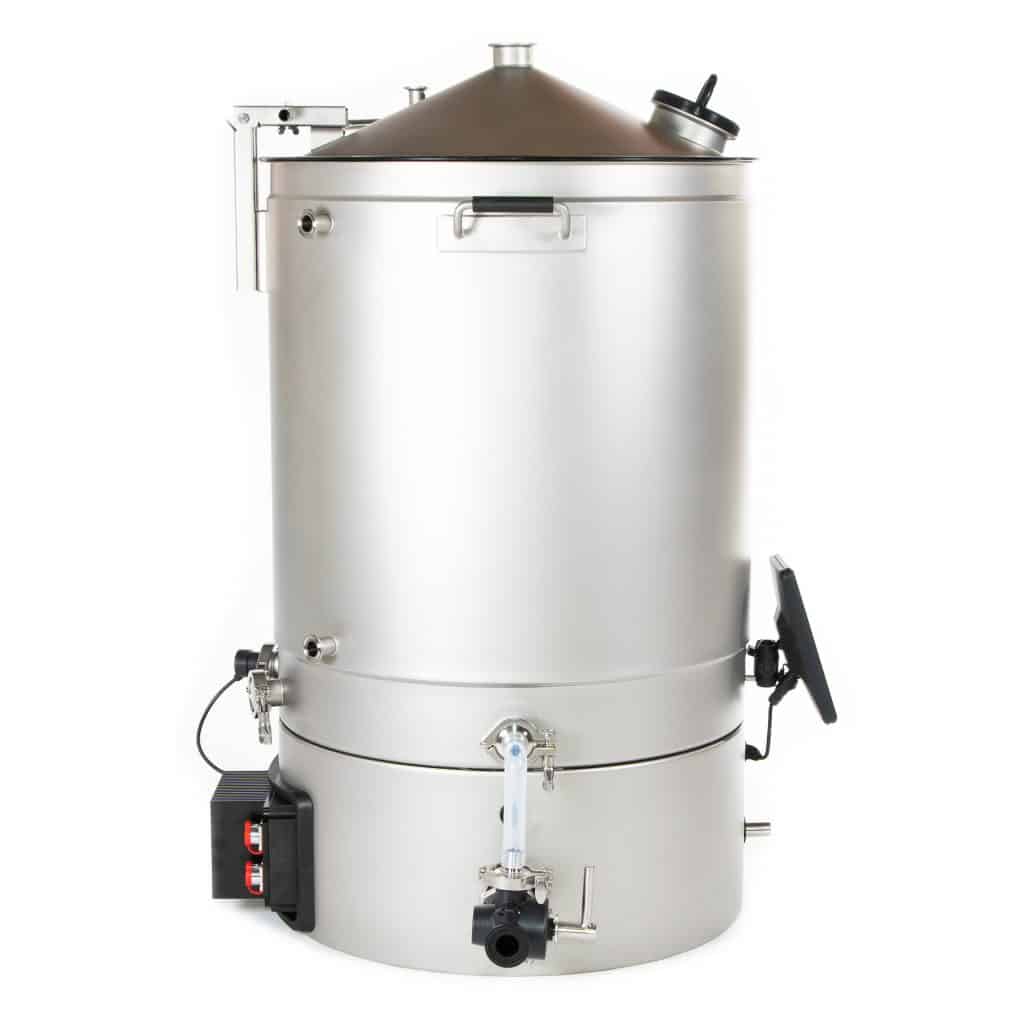 Industrial stainless steel reactor/tank with conical top and multiple fittings, valves, and gauges on a white background (informative image).