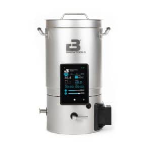 Stainless steel brewing kettle with a handle and a digital control panel showing temperature and timers.