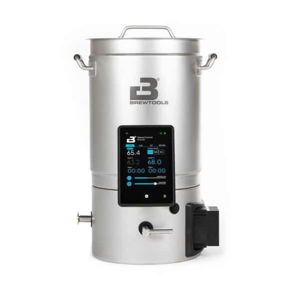Stainless steel brewing kettle with a handle and a digital control panel showing temperature and timers.