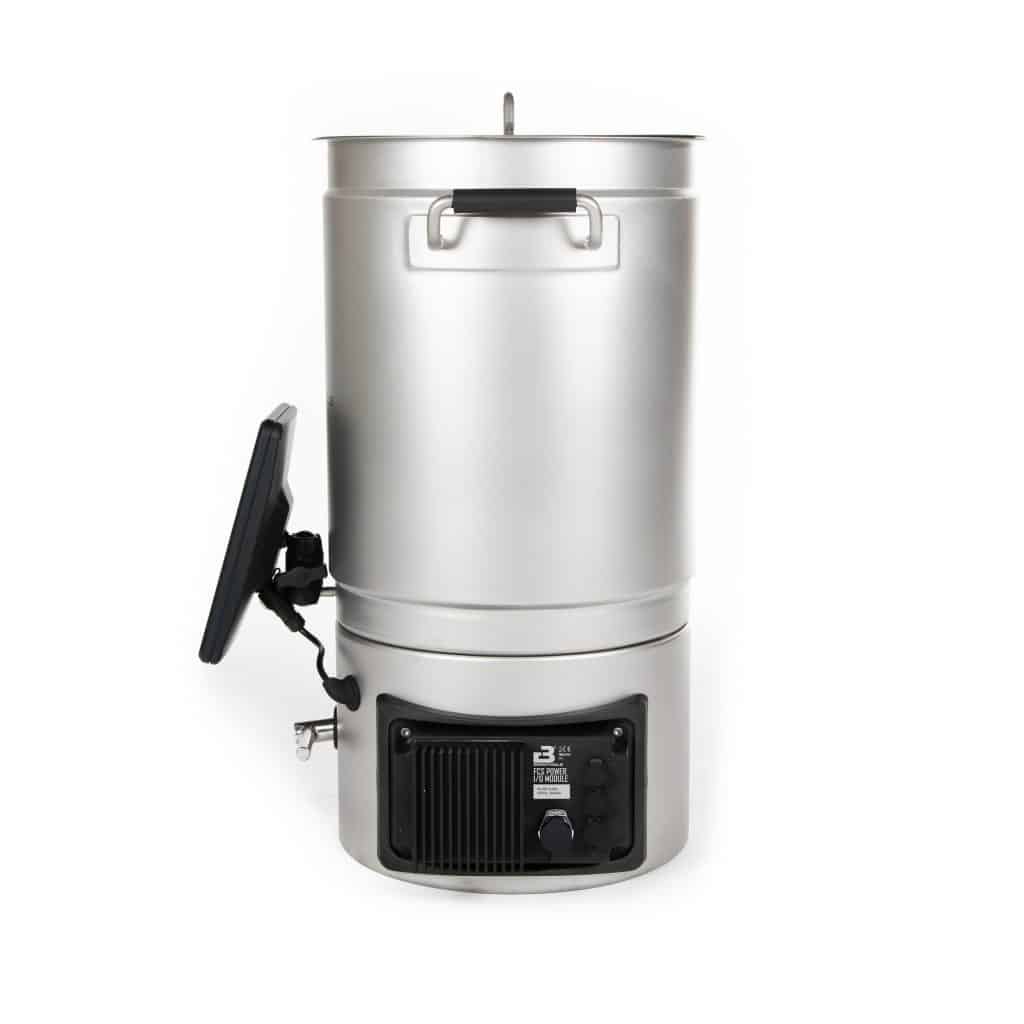 Tall stainless steel cylinder with a lid, featuring a small side handle and a black control panel at the base (industrial appliance).