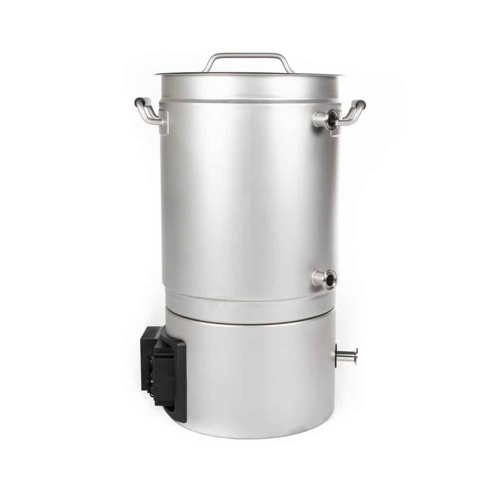 Tall stainless steel pressure vessel with a lifting handle on top and side connection fittings, set against a white background