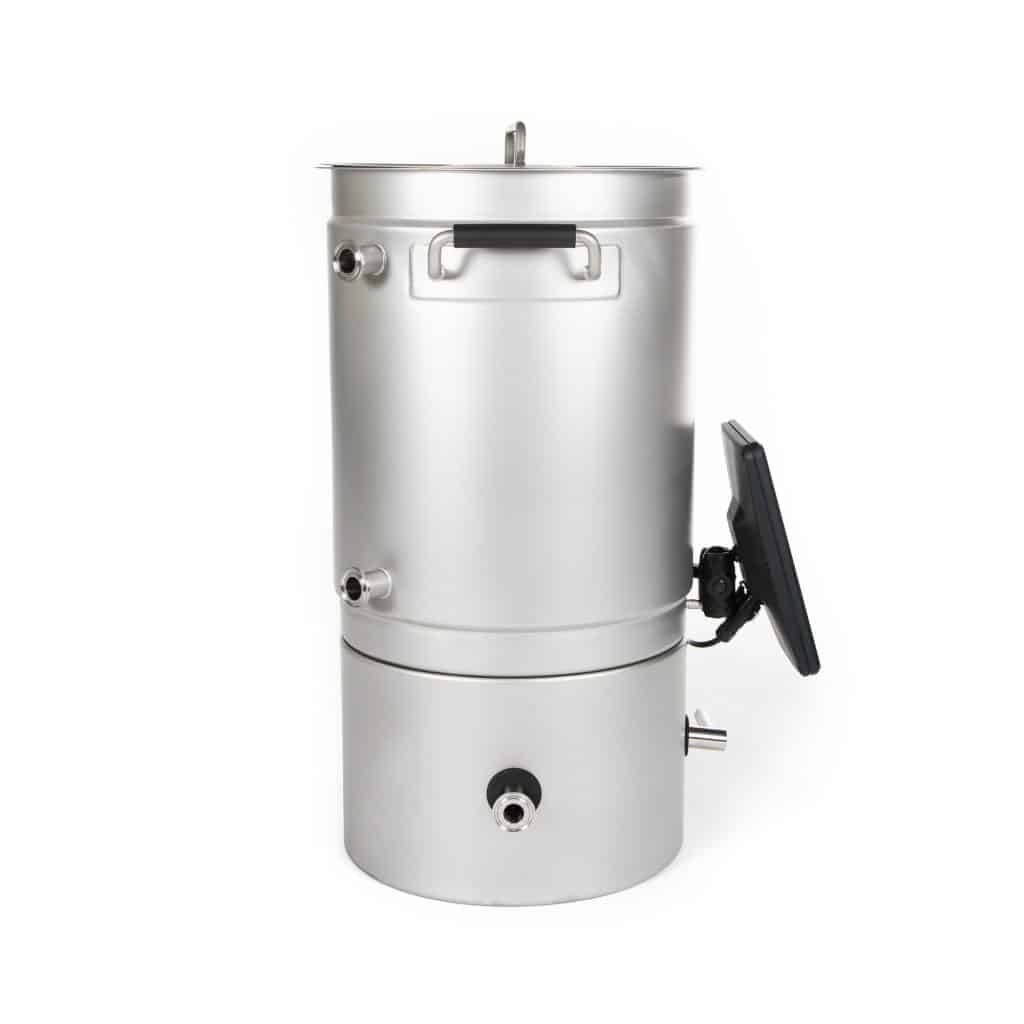 Large stainless steel cylindrical vessel with side ports and a hinged lid, shown from the front against a white background