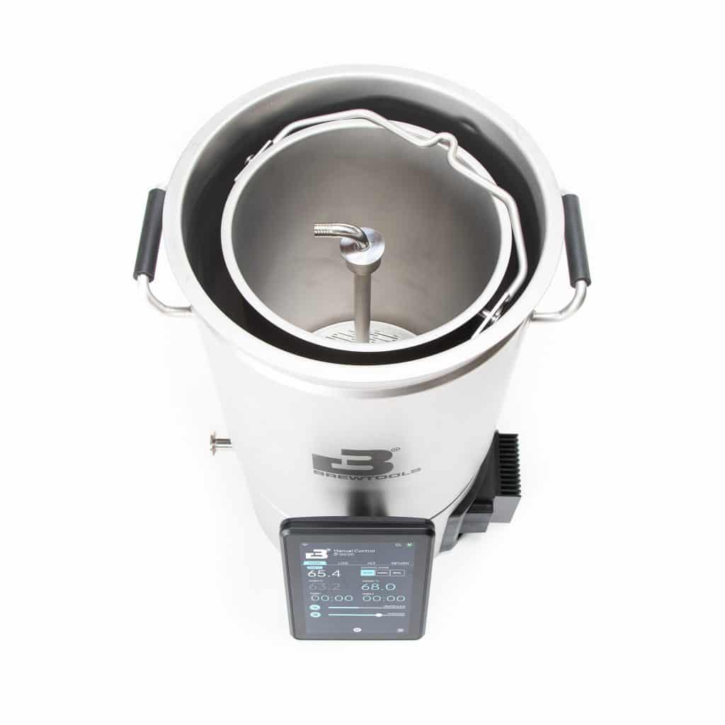 Top-down view of a stainless steel brewing kettle with an internal mixer and a digital control panel.