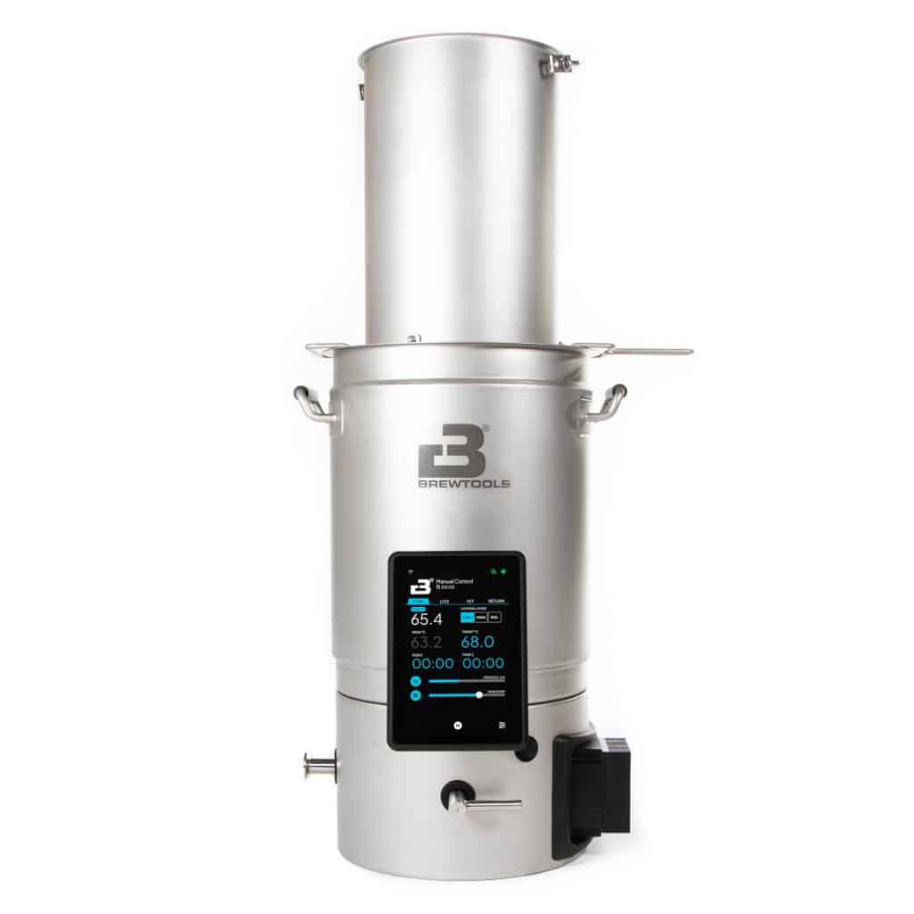 Tall stainless steel brewery kettle with a vertical top section and side-mounted digital control panel