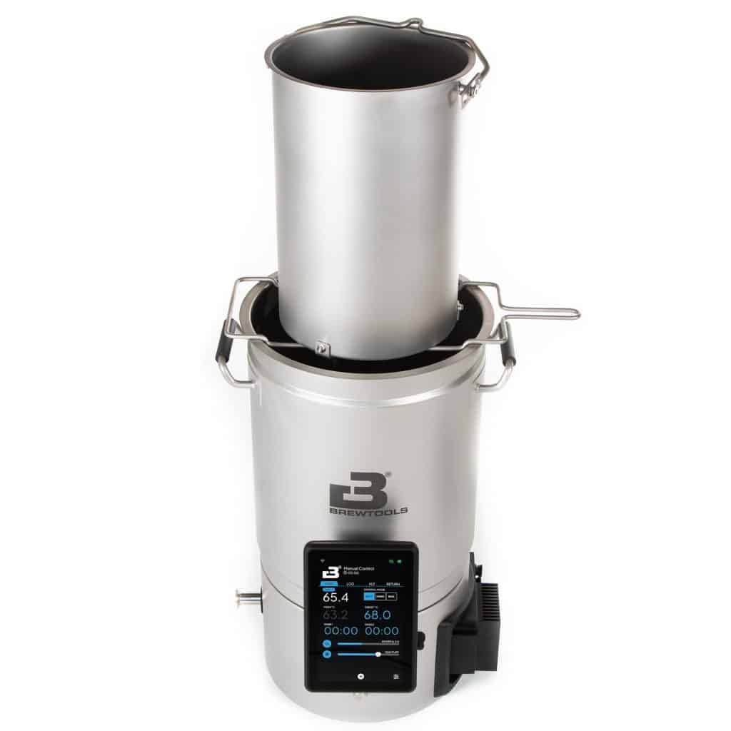 Vertical stainless steel brewing kettle with a top bucket and digital control panel at the base, labeled BrewTools (SMA/EB model).
