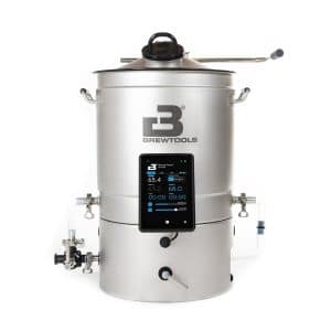 Stainless steel BrewTools brewing kettle with top vent, side handles, and a front-mounted touchscreen control panel.