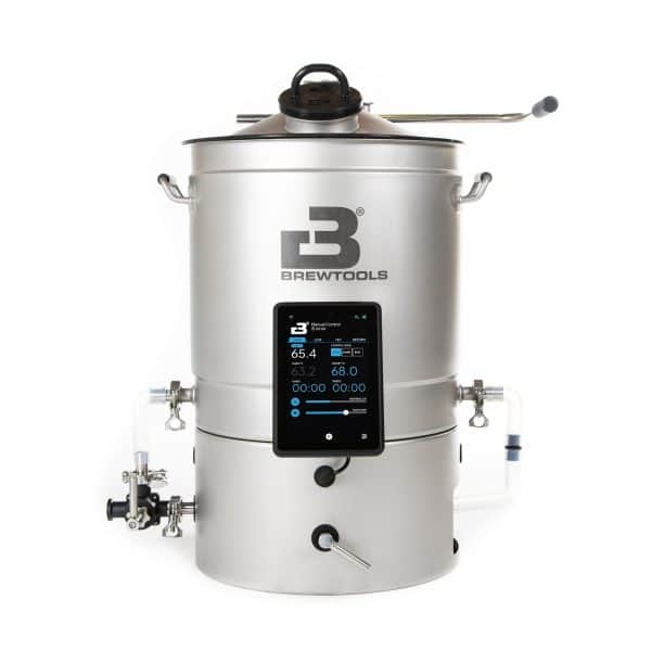 Stainless steel BrewTools brewing kettle with top vent, side handles, and a front-mounted touchscreen control panel.