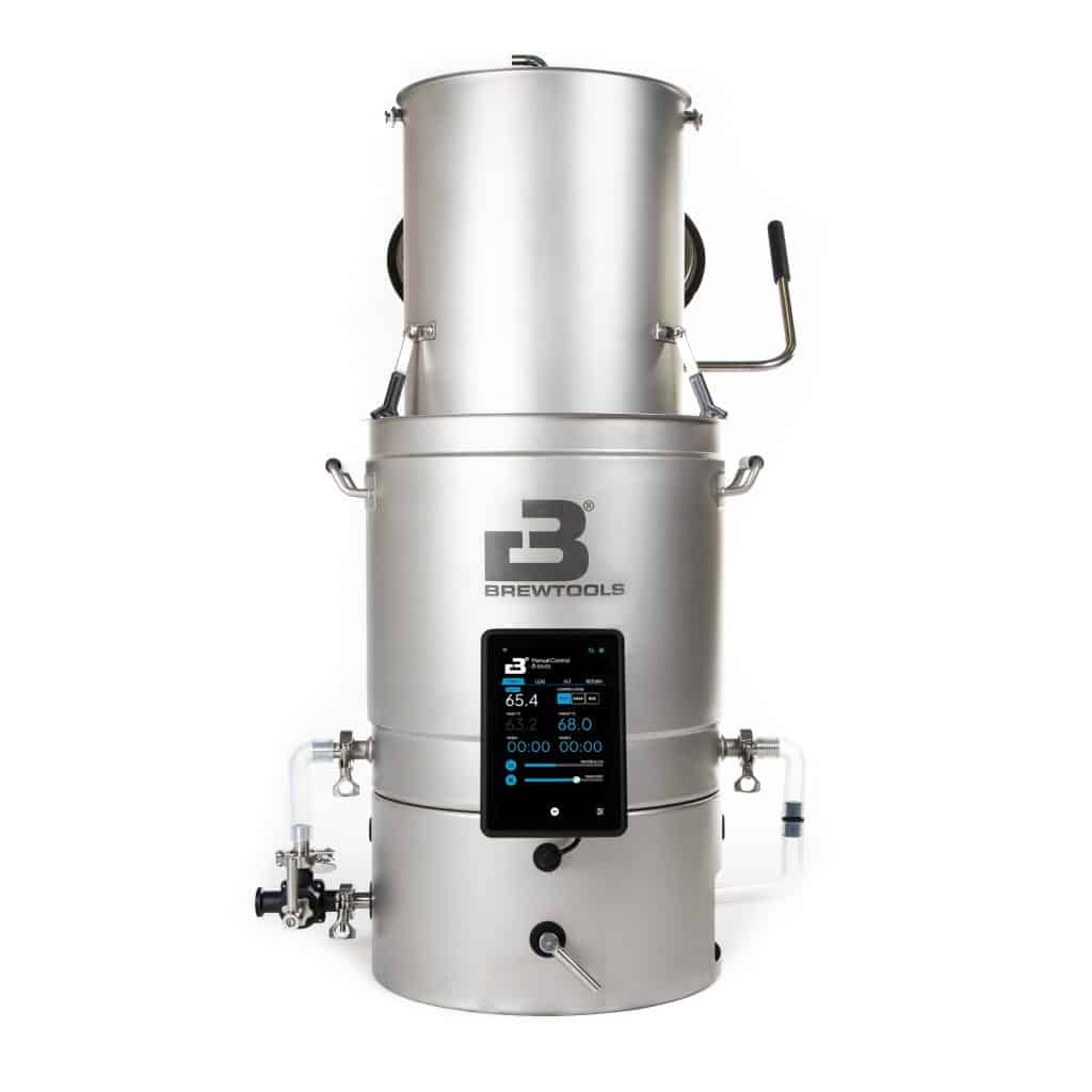 Stainless steel brewing kettles with a touchscreen control panel and attached hoses, branded BrewtTools on the front.