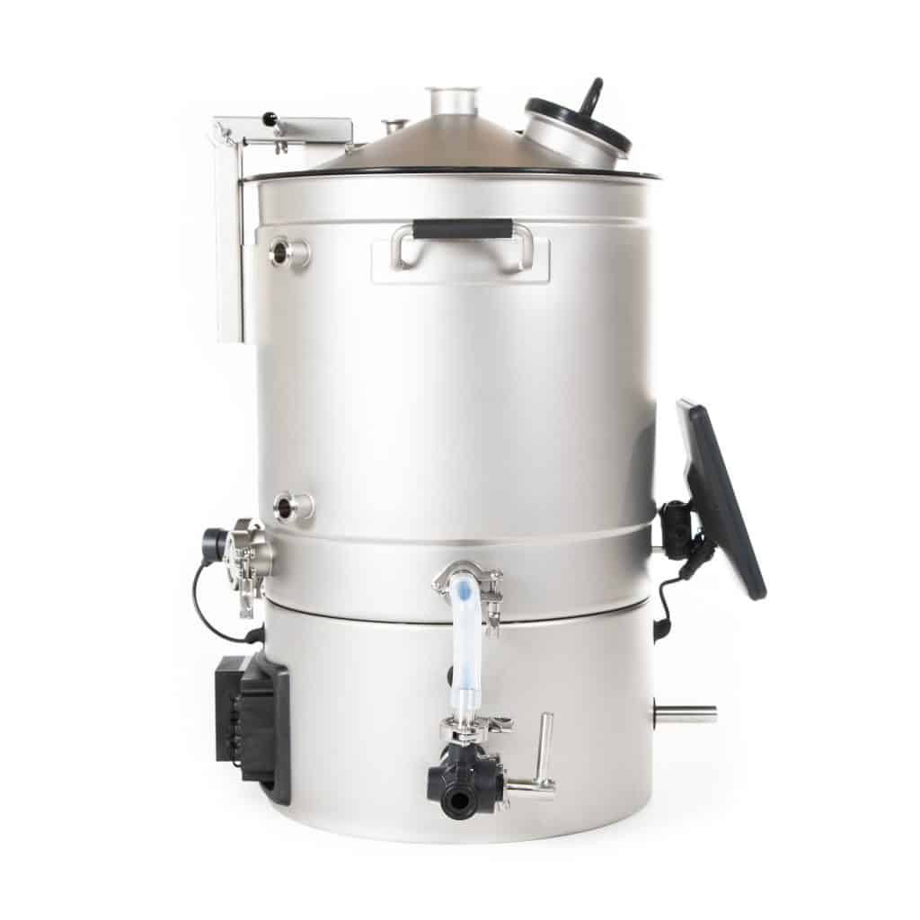 Stainless steel industrial pressure vessel with side valves, clamps, and hoses attached on a white background.