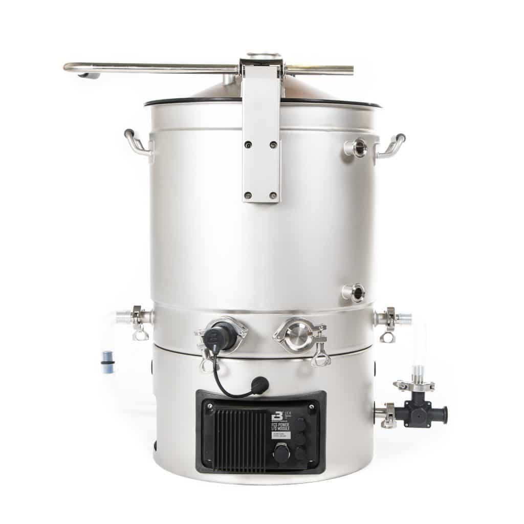Industrial pressure vessel with top mounting bar and multiple metallic fittings on a white background