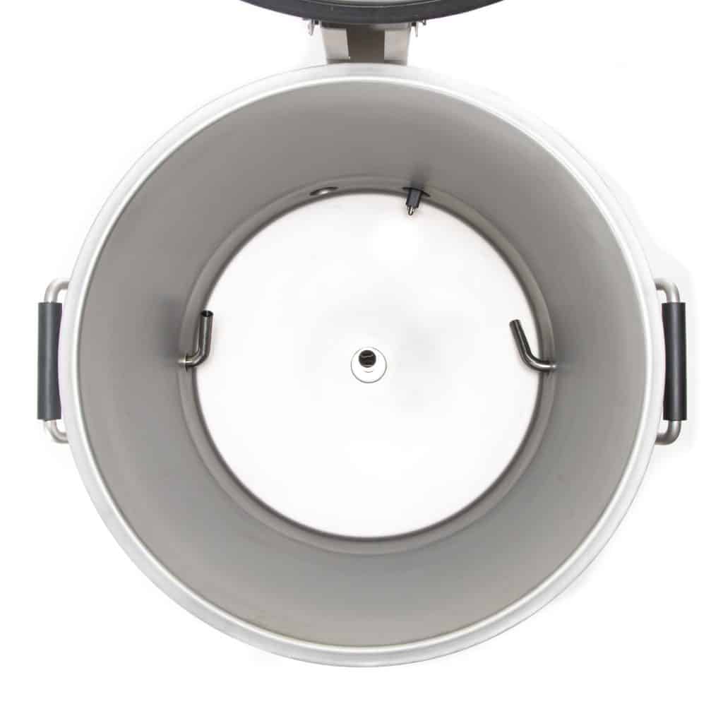 Top-down view of an empty stainless steel cylindrical drum with side handles.
