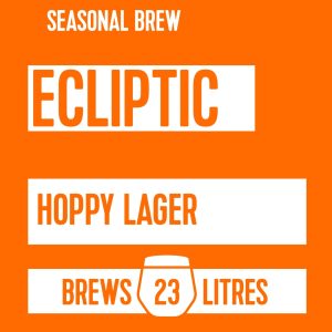 Orange promotional graphic for a Seasonal Brew called Eclectic Hoppy Lager, showing 'Brews 23 litres' with a beer icon.