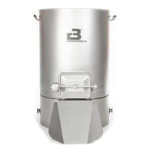 Industrial stainless steel processing vessel with a front access door and a conical base/ hopper at the bottom.