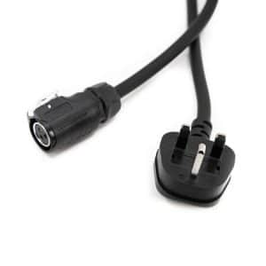Black power cord with a three-prong plug and a round 4-pin connector on a white background.