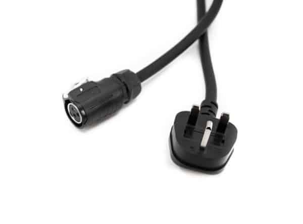 Black power cord with a three-prong plug and a round 4-pin connector on a white background.
