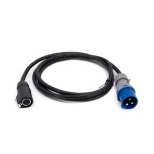 Cable with a blue 3-pin circular connector on one end and a small round plug on the other end. The cord is black and coiled loosely.