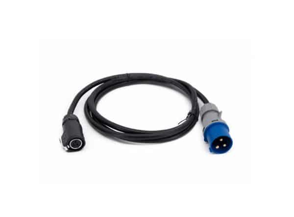 Cable with a blue 3-pin circular connector on one end and a small round plug on the other end. The cord is black and coiled loosely.