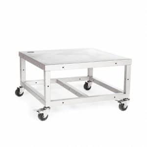 Stainless steel mobile work table on four caster wheels with a flat top and open frame underneath.