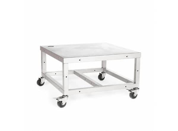 Stainless steel mobile work table on four caster wheels with a flat top and open frame underneath.