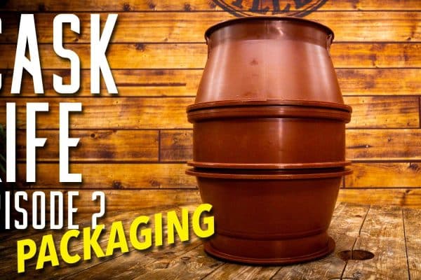 Thumbnail for a video titled 'CASK LIFE: Episode 2 – Packaging' showing a large brown barrel against a wooden wall with bold white and yellow text.
