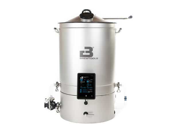 Stainless steel brewing kettle with a digital control panel on the front and a lid handle, labeled B3 BrewTools, used for beer making.
