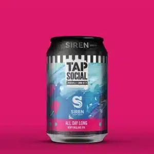 Can of Siren Craft Brew with colorful label reading 'Tap Social' and 'All Day Long New England IPA' against a pink background.
