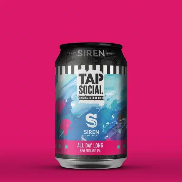 Can of Siren Craft Brew with colorful label reading 'Tap Social' and 'All Day Long New England IPA' against a pink background.
