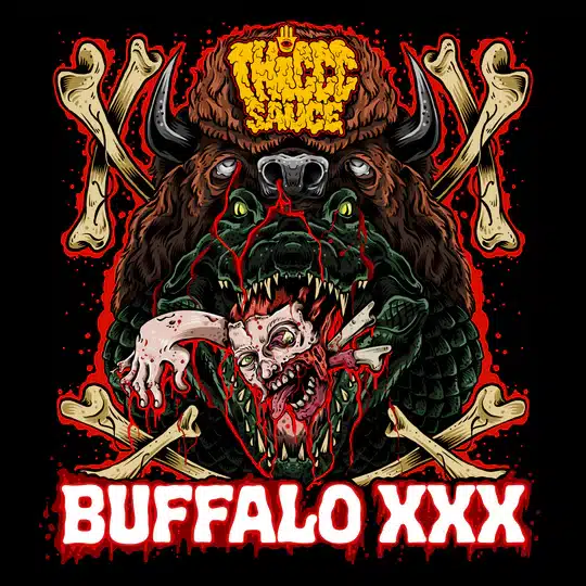 Gory heavy-metal style graphic: a snarling buffalo-demon head with crossed bones and red splatters, plus large 'BUFFALO XXX' text at the bottom.