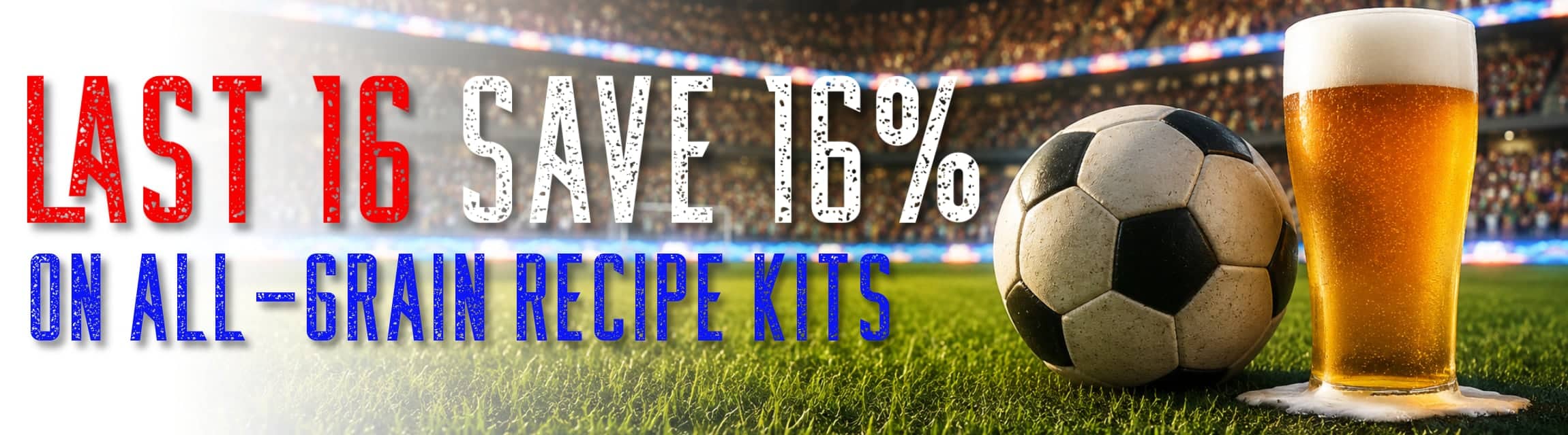 Advertisement banner offering 10% off all-grain recipe kits, featuring a soccer ball and a pint on a stadium field.