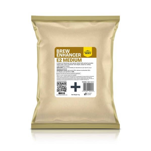 Beige packaging bag for Mangrove Jack's Brew Enhancer E2 Medium malt extract used to boost beer brewing.